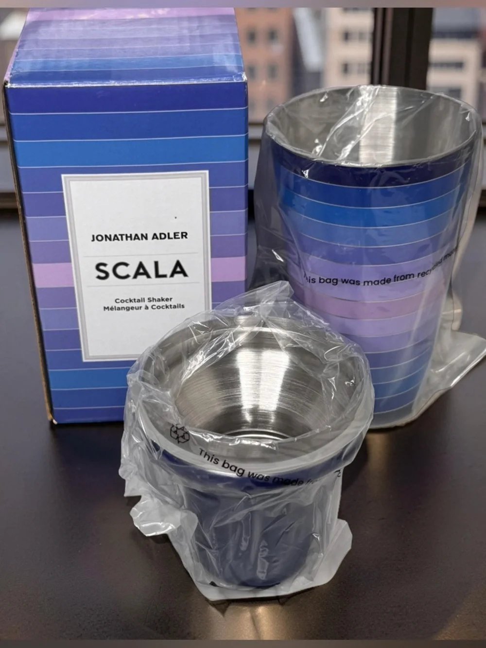 Jonathan Adler Striped Blue Gradient Cocktail Shaker MSRP 180$ men’s gift